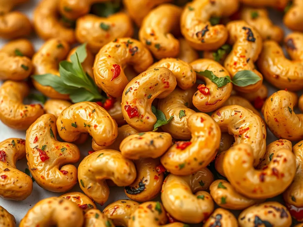 A close-up shot of NEWBAM's Tom Yum flavored cashews, showcasing the blend of herbs and spices that create the authentic Thai soup taste.