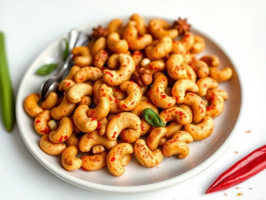 A vibrant image of NEWBAM's Tom Yum flavored cashews, highlighting the blend of red chili flakes, lemongrass, and other aromatic spices, capturing the essence of the famous Thai soup in a cashew.