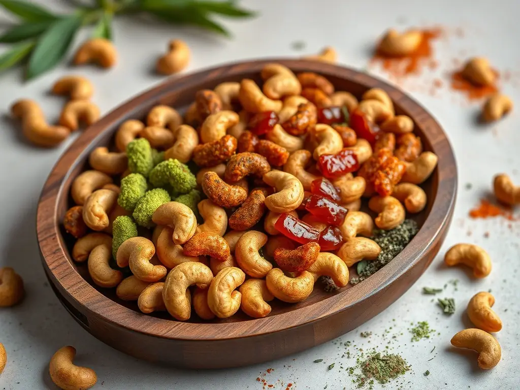 A vibrant image showcasing a variety of NEWBAM cashews, each with distinct flavor seasonings, arranged artfully to highlight the brand's commitment to creative flavor combinations.