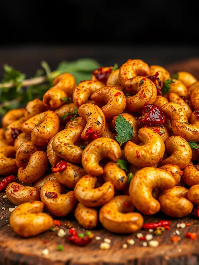 A vibrant image displaying NEWBAM's Tom Yum flavored cashews, with visible spices and herbs, evoking the authentic taste of Thailand's famous soup, placed on a rustic wooden surface.