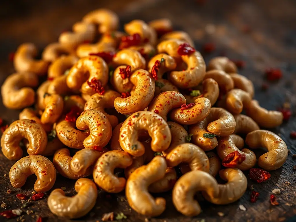 A visually appealing image of NEWBAM's Tom Yum flavored cashews, highlighting the blend of spices and herbs that create the authentic Thai soup taste, arranged artfully to convey the exotic and savory nature of the snack.