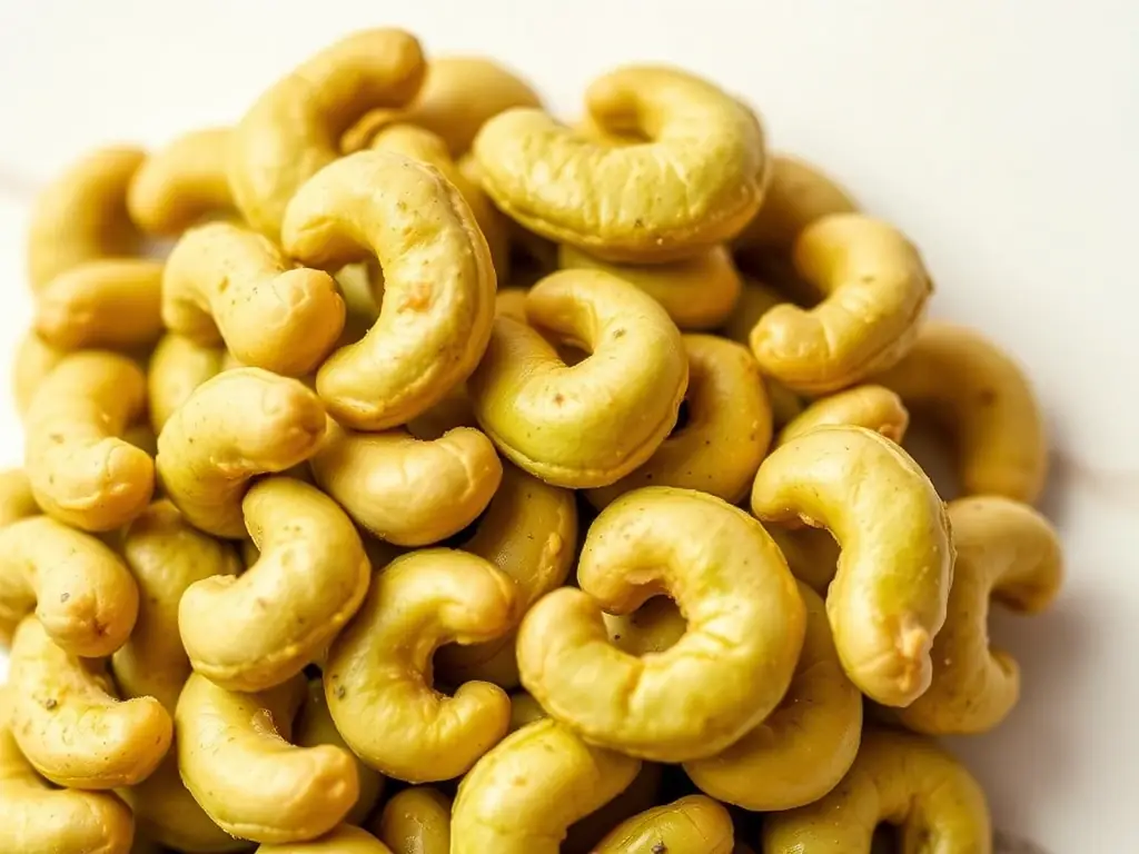 An image of NEWBAM's Wasabi flavored cashews, highlighting the vibrant green color and the unique blend of spice and savory taste.