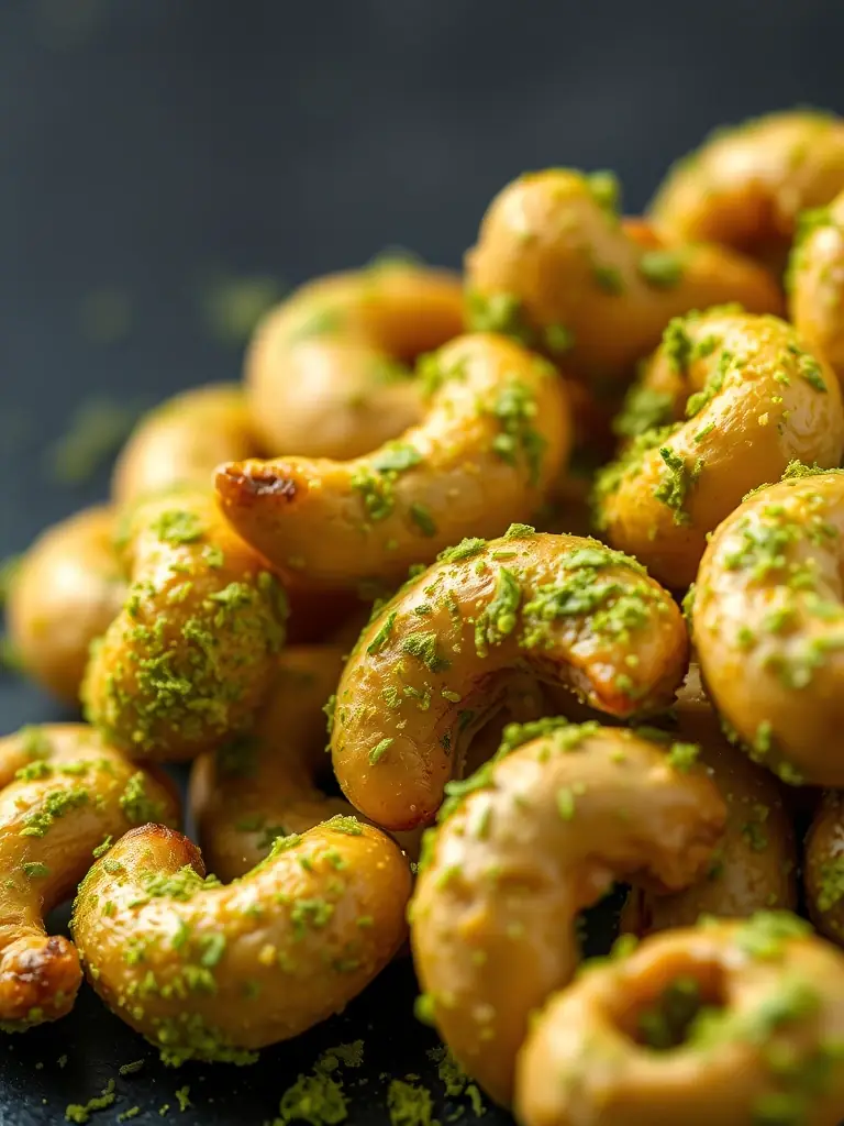 A close-up shot of NEWBAM's Wasabi flavored cashews, showcasing the vibrant green seasoning and the texture of the roasted nuts, set against a minimalist background to emphasize the product's unique flavor.