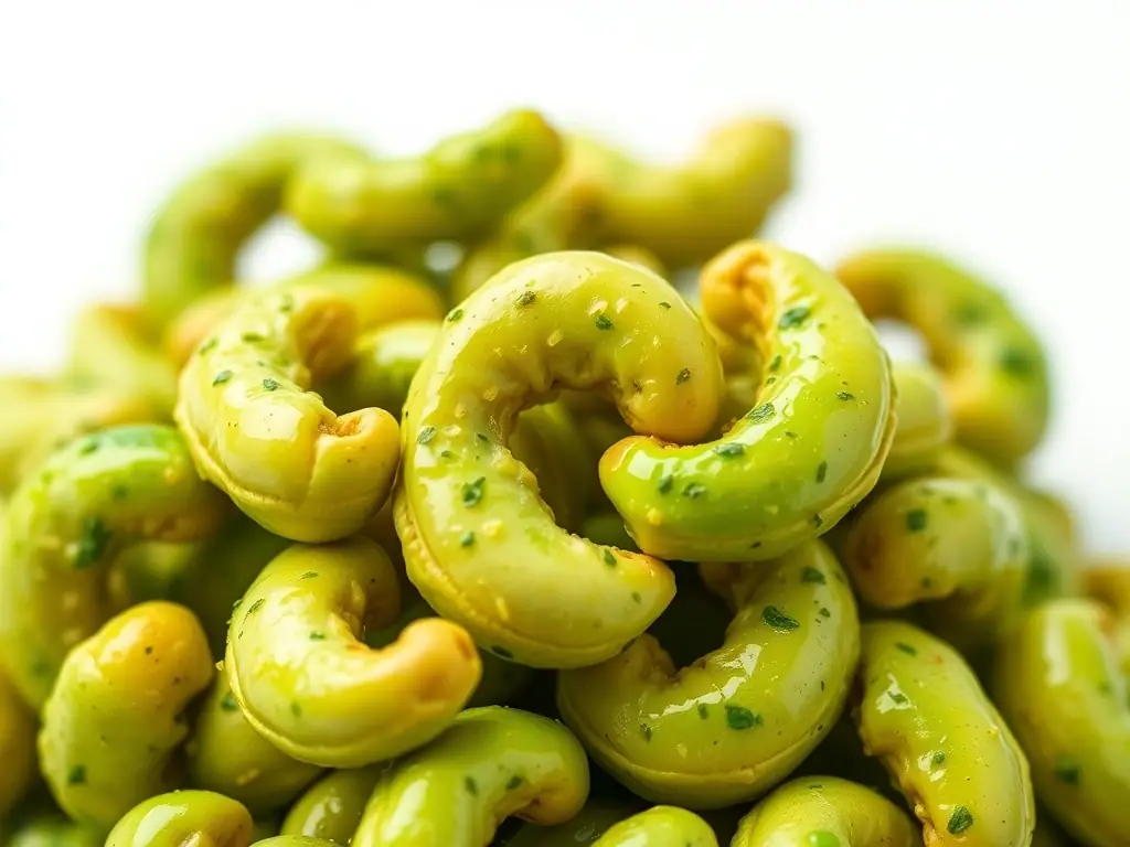 A vibrant close-up shot of NEWBAM's Wasabi flavored cashews, showcasing the green seasoning and the crunchy texture of the nuts, set against a minimalist background to emphasize the product's unique appeal.