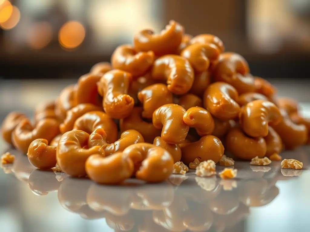 A tempting shot of NEWBAM's Caramel flavored cashews, showcasing the glossy caramel coating and the golden-brown hue of the roasted nuts, evoking a sense of indulgence and comfort.