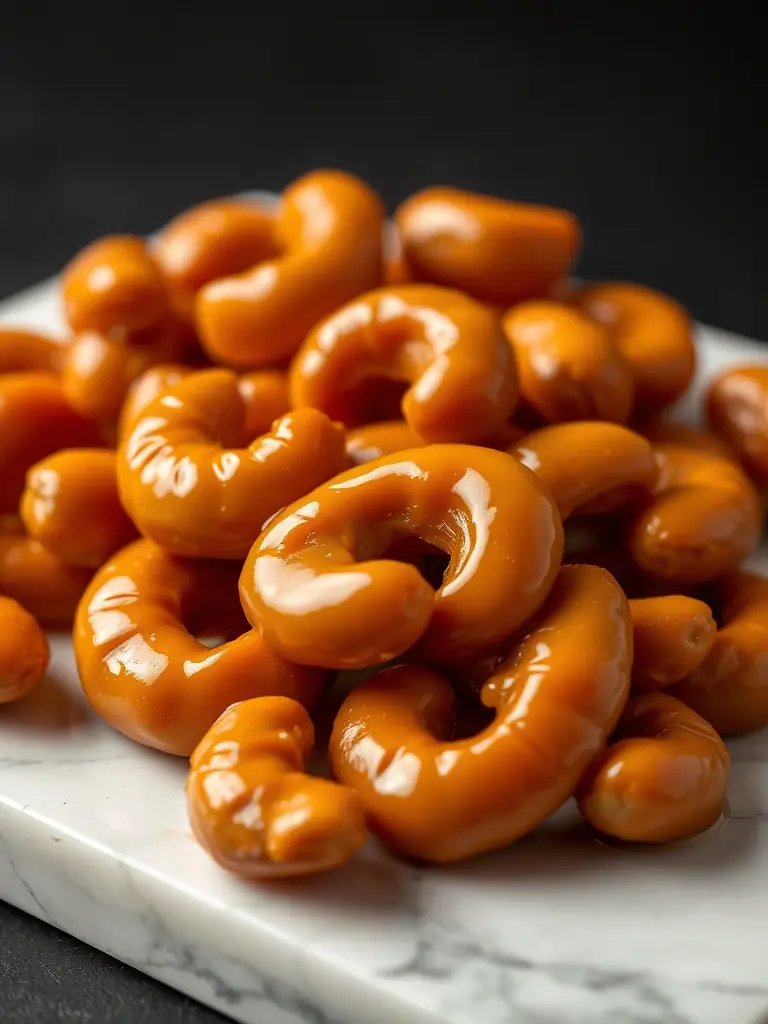 A delectable image of NEWBAM's Caramel flavored cashews, glistening with a rich, golden caramel coating, arranged artfully on a marble slab to highlight their sweetness and texture.