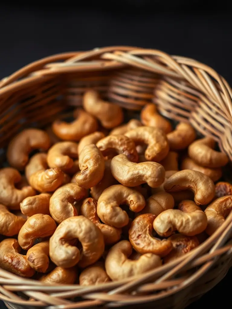 A visually appealing shot of NEWBAM's original roasted cashews, highlighting their natural color and texture, presented in a traditional Vietnamese woven basket to emphasize their origin.