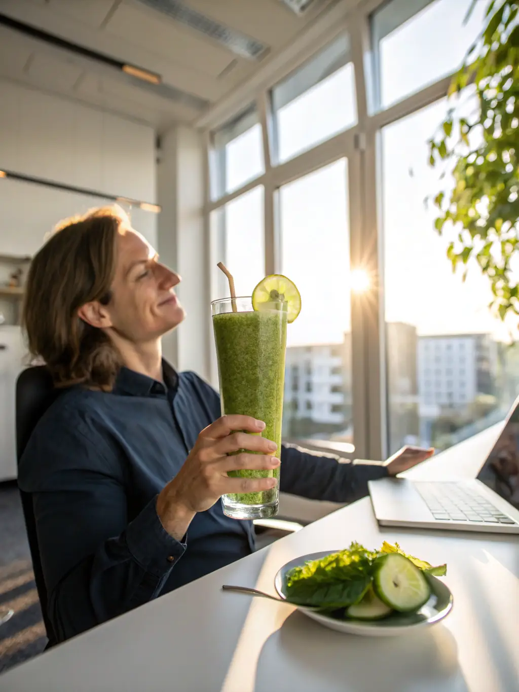 A lifestyle shot of a person enjoying a handful of NEWBAM cashews while working at a desk, emphasizing the convenience and health benefits of the snack.
