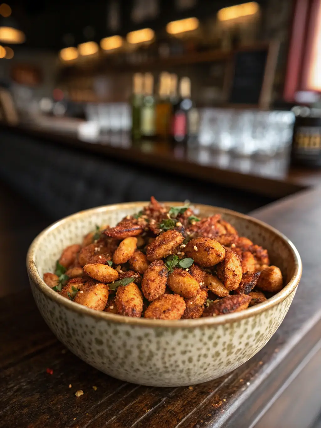 A photo of NEWBAM Tom Yum cashews, highlighting the reddish-orange hue and the blend of spices that create the signature flavor.