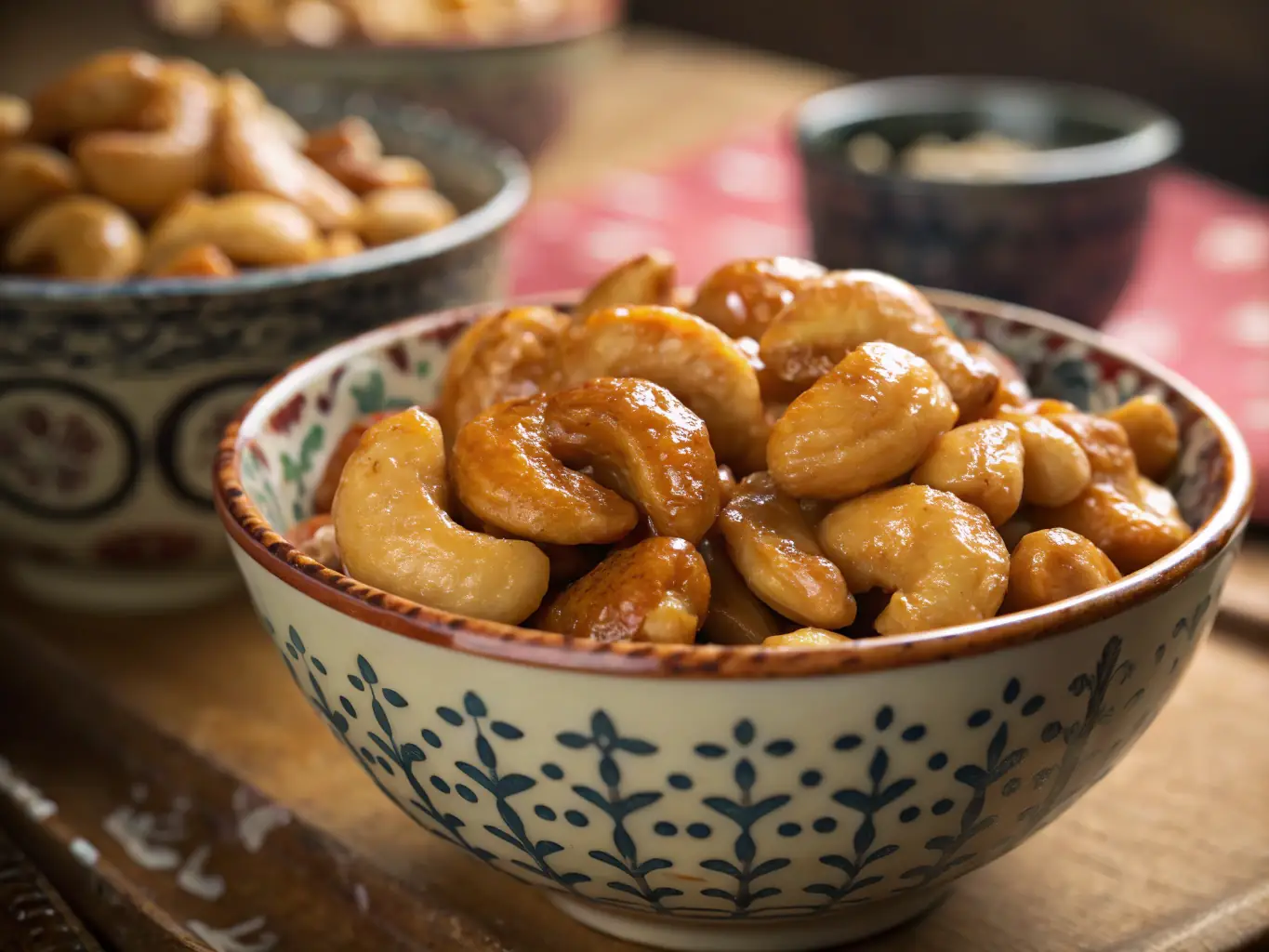 A warm and inviting image of NEWBAM's Honey flavored cashews, showcasing the golden glaze and the natural sweetness of honey. The cashews are arranged in a rustic bowl to evoke a sense of warmth and comfort.