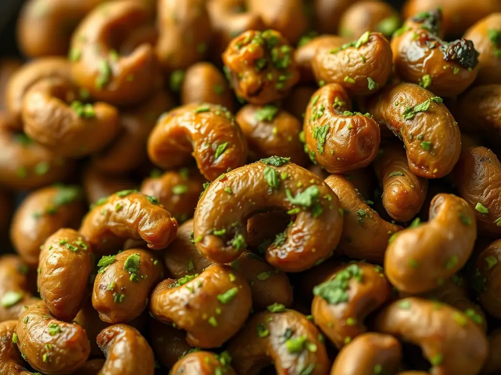 A visually striking image of NEWBAM's Wasabi flavored cashews, emphasizing the bright green color and the subtle dusting of wasabi powder. The cashews are presented in a modern, minimalist setting.
