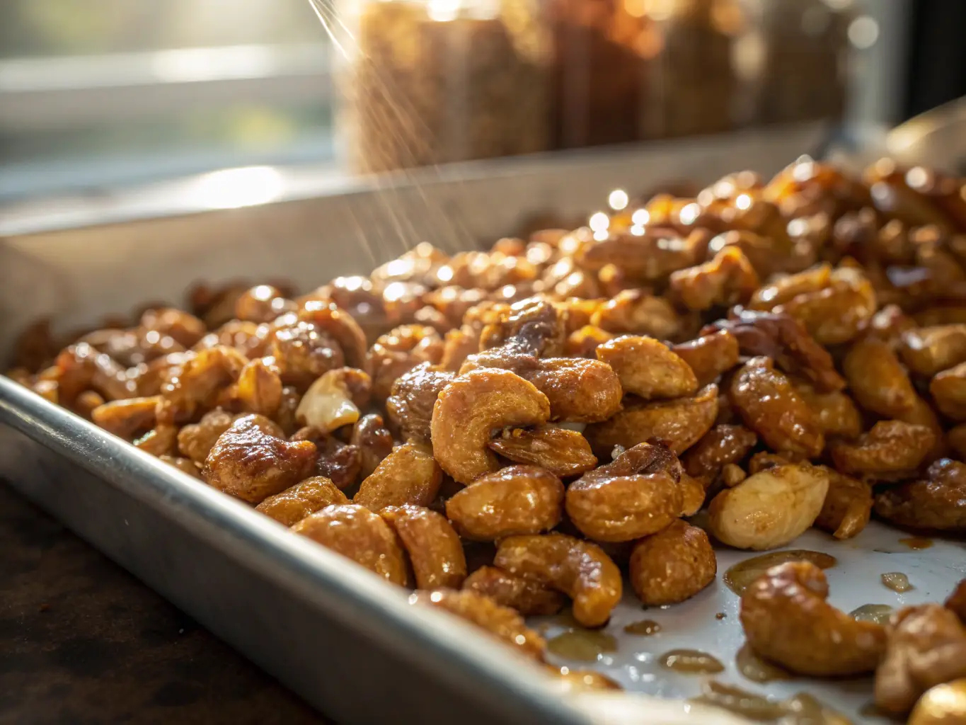 A warm, inviting image of NEWBAM's Honey cashews, showcasing the golden glaze and natural sweetness. The cashews appear glossy and appealing, emphasizing the honey's rich flavor.