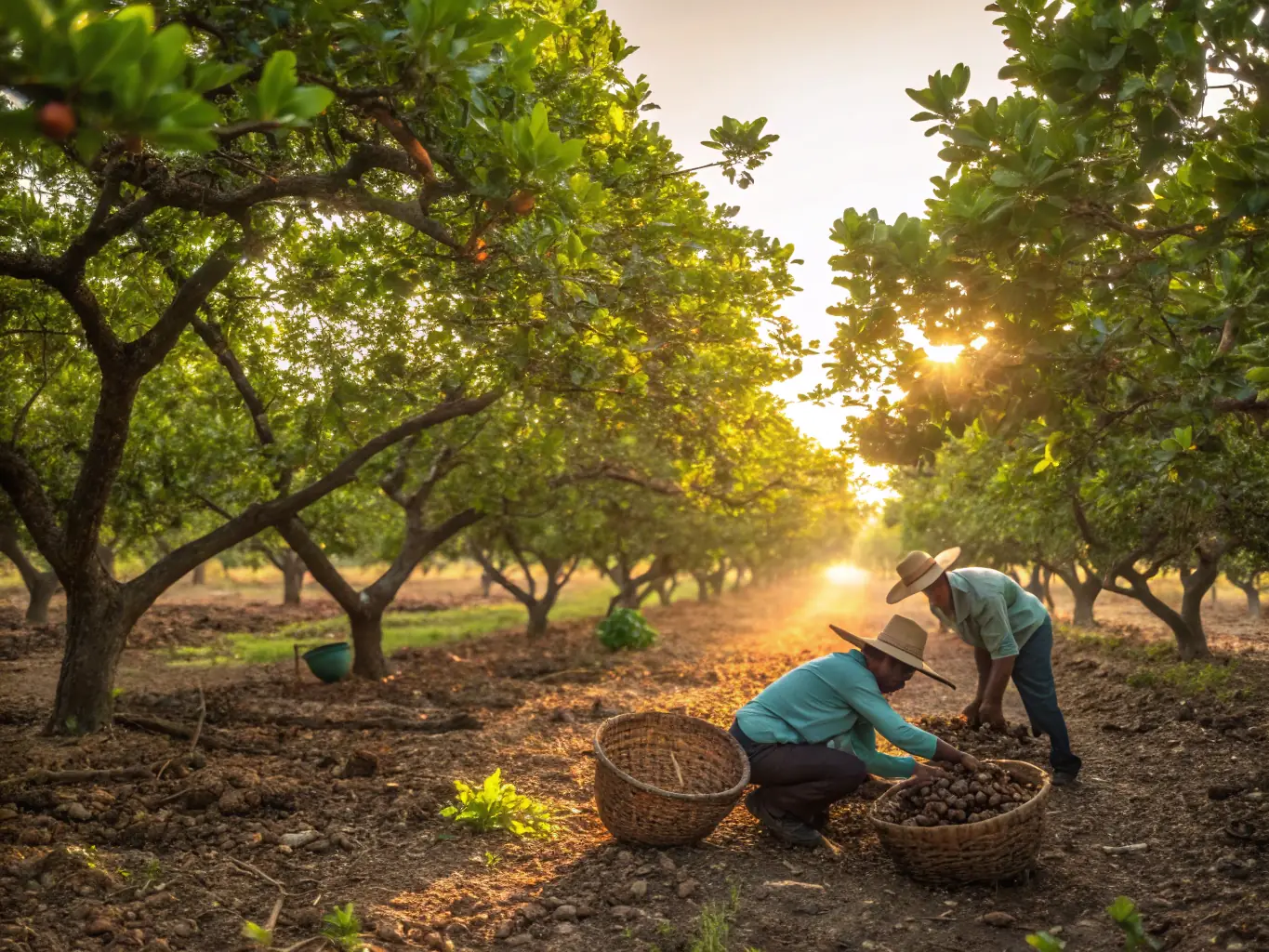 A close-up shot of cashews being harvested in Bình Phước, Vietnam, showcasing the lush green cashew farms and the careful hand-picking process.