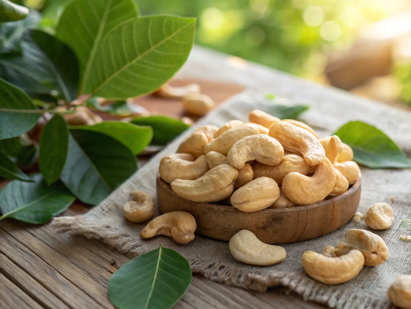 A close-up shot of NEWBAM's Tom Yum flavored cashews, showcasing the vibrant spices and textures. The cashews are arranged artfully to highlight their freshness and appeal.