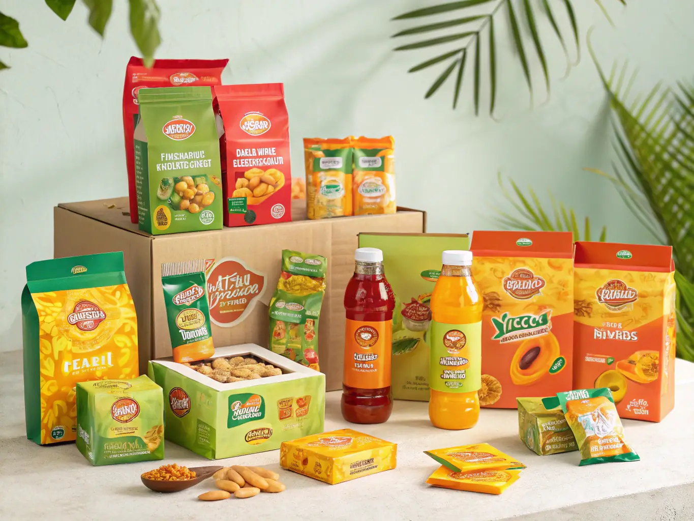 A vibrant display of NEWBAM cashews in various Asian-inspired flavors, such as Tom Yum, Wasabi, and Honey, arranged to highlight their unique and bold taste profiles.