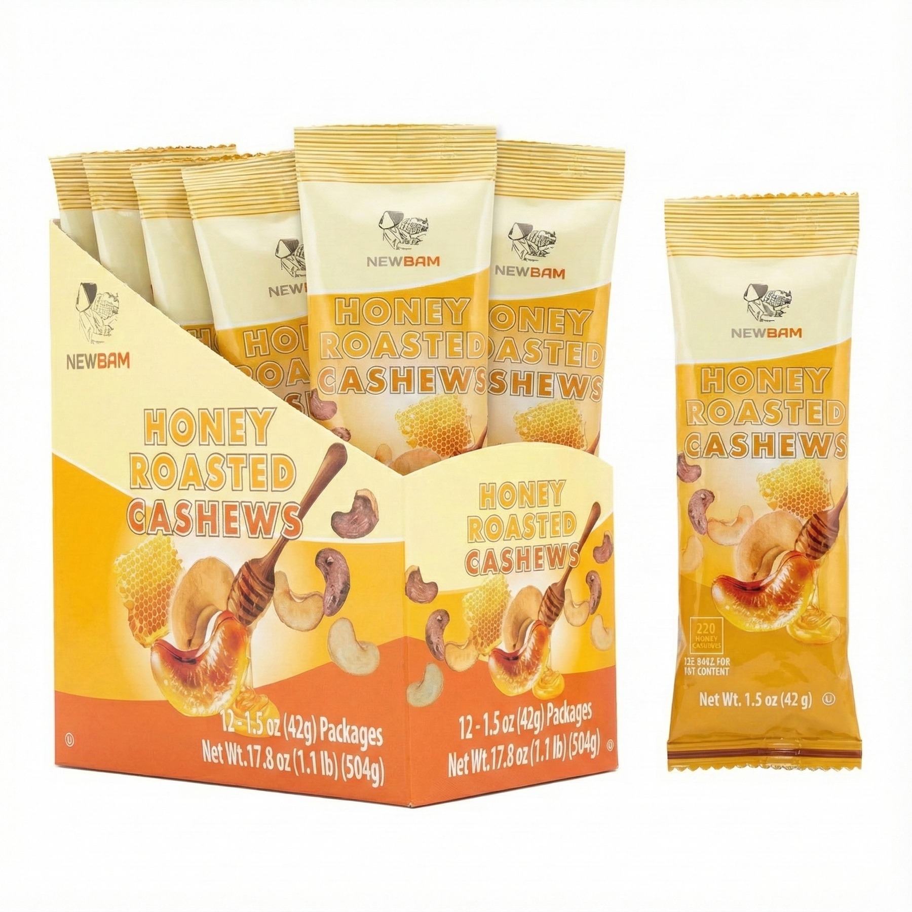 NEWBAM Honey real product box and individual snack packs.