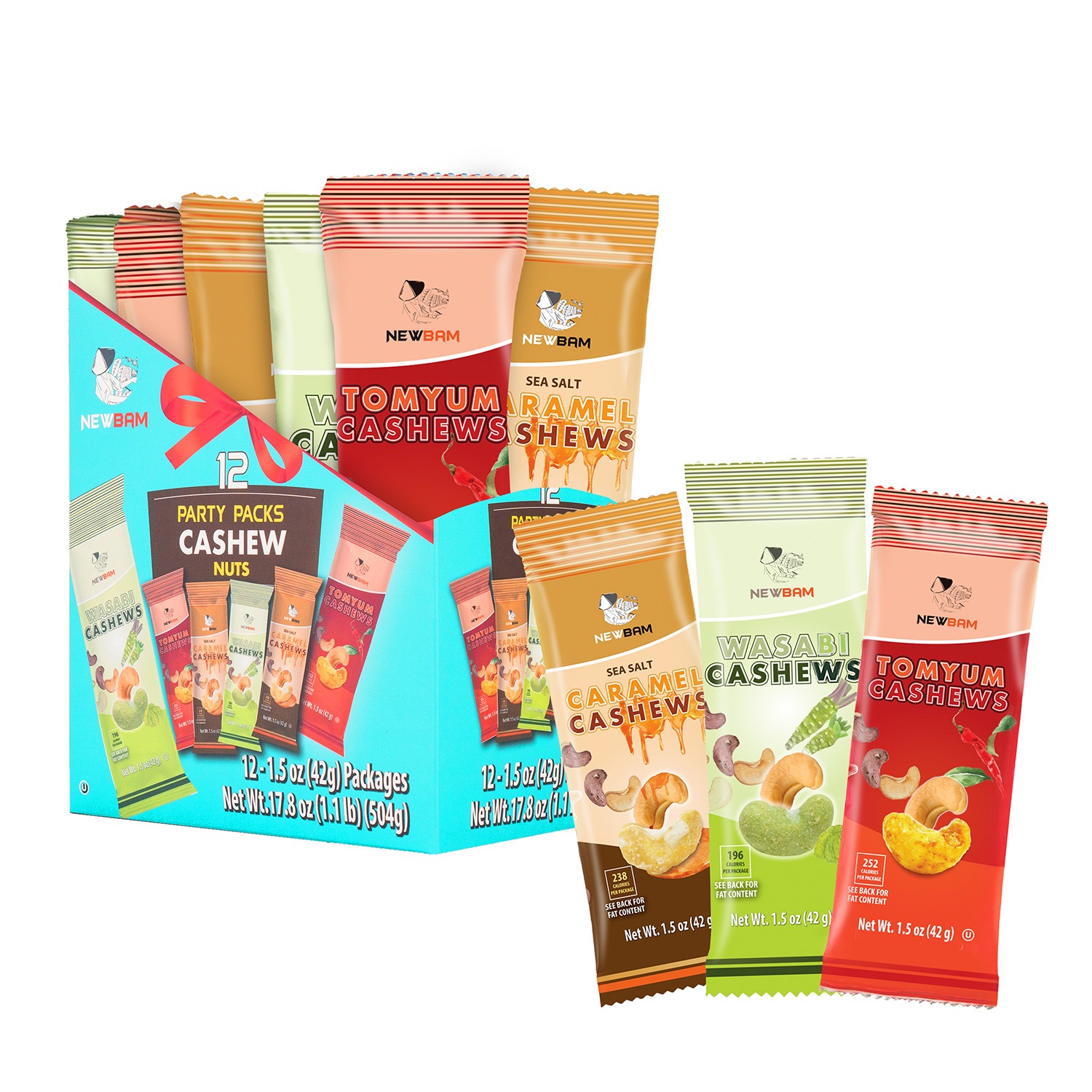 NEWBAM Party Mix real product box and individual snack packs.