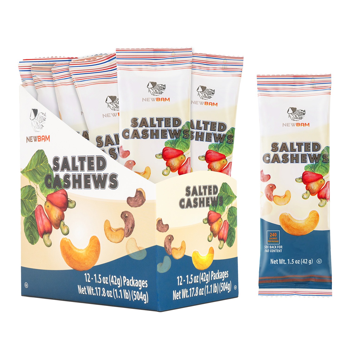 NEWBAM Sea Salt real product box and individual snack packs.