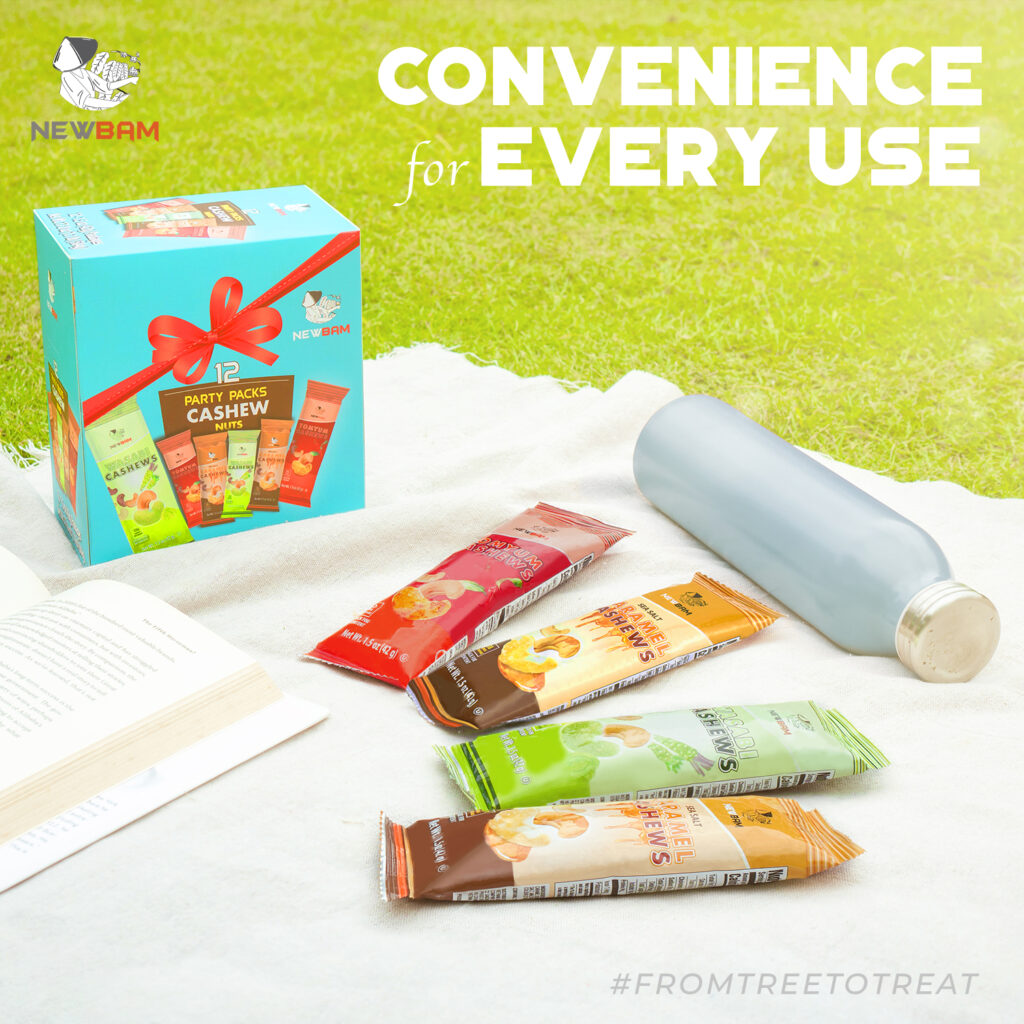 NEWBAM Party Mix box and individual flavored cashew packs on a picnic blanket