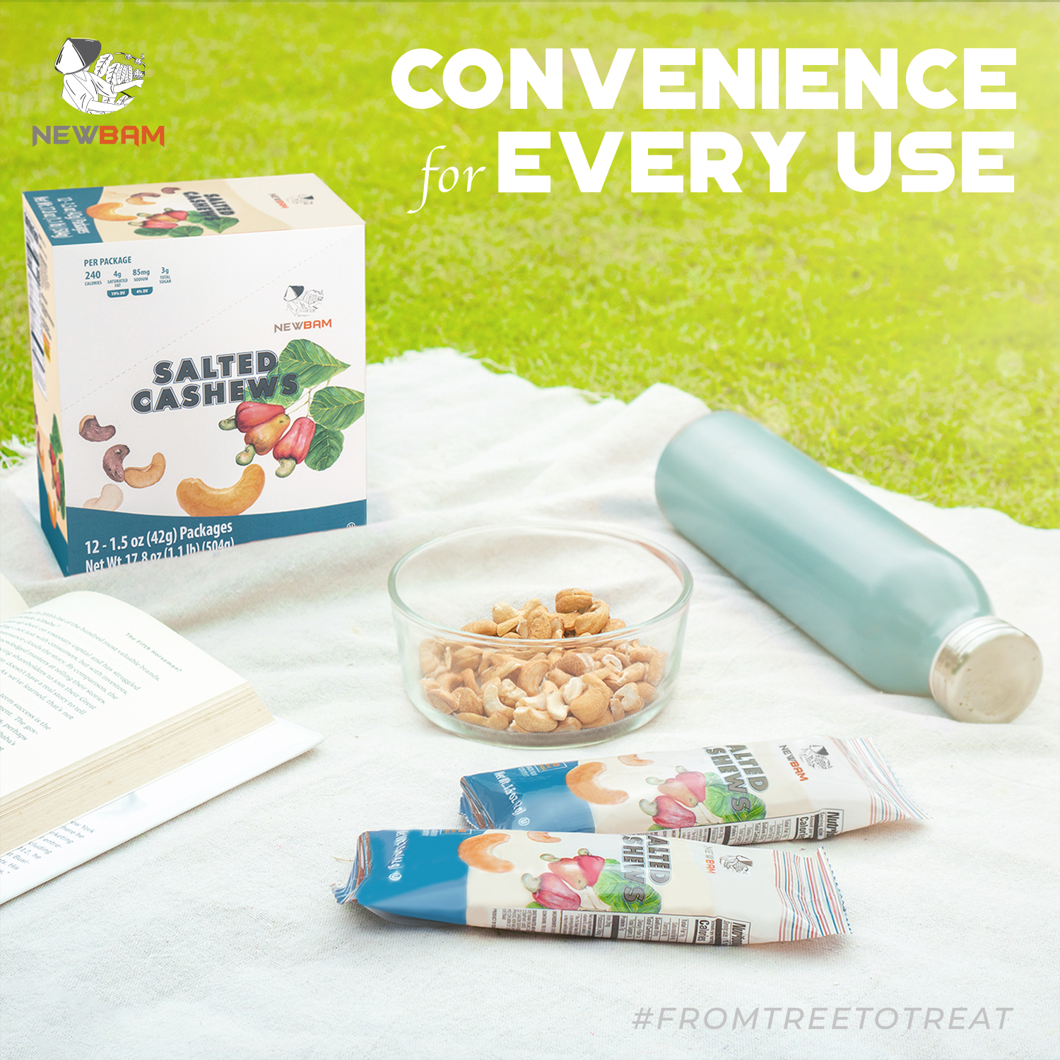 NEWBAM Sea Salt cashew box and individual packs on a picnic blanket beside a book and a bowl of cashews.