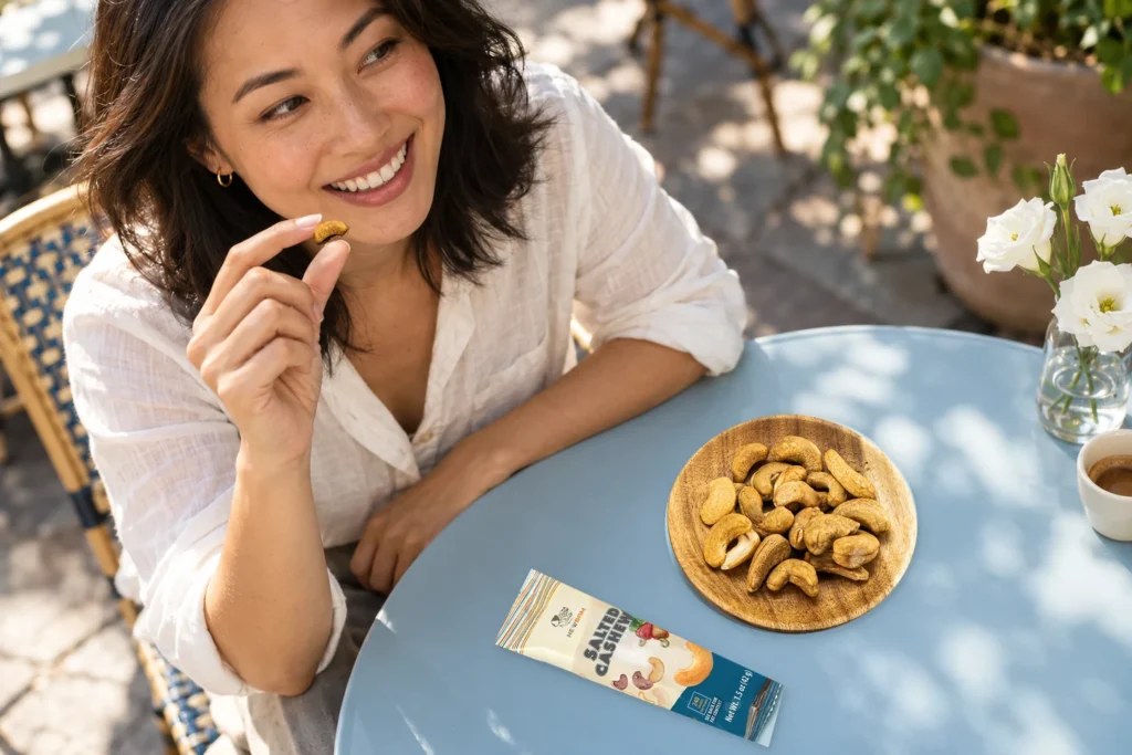 Woman holding a cashew at a cafe table with a bowl of cashews and a NEWBAM Sea Salt packet.