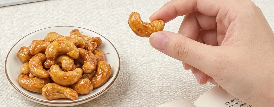 Hand holding a glazed Honey roasted cashew above a bowl of Honey cashews
