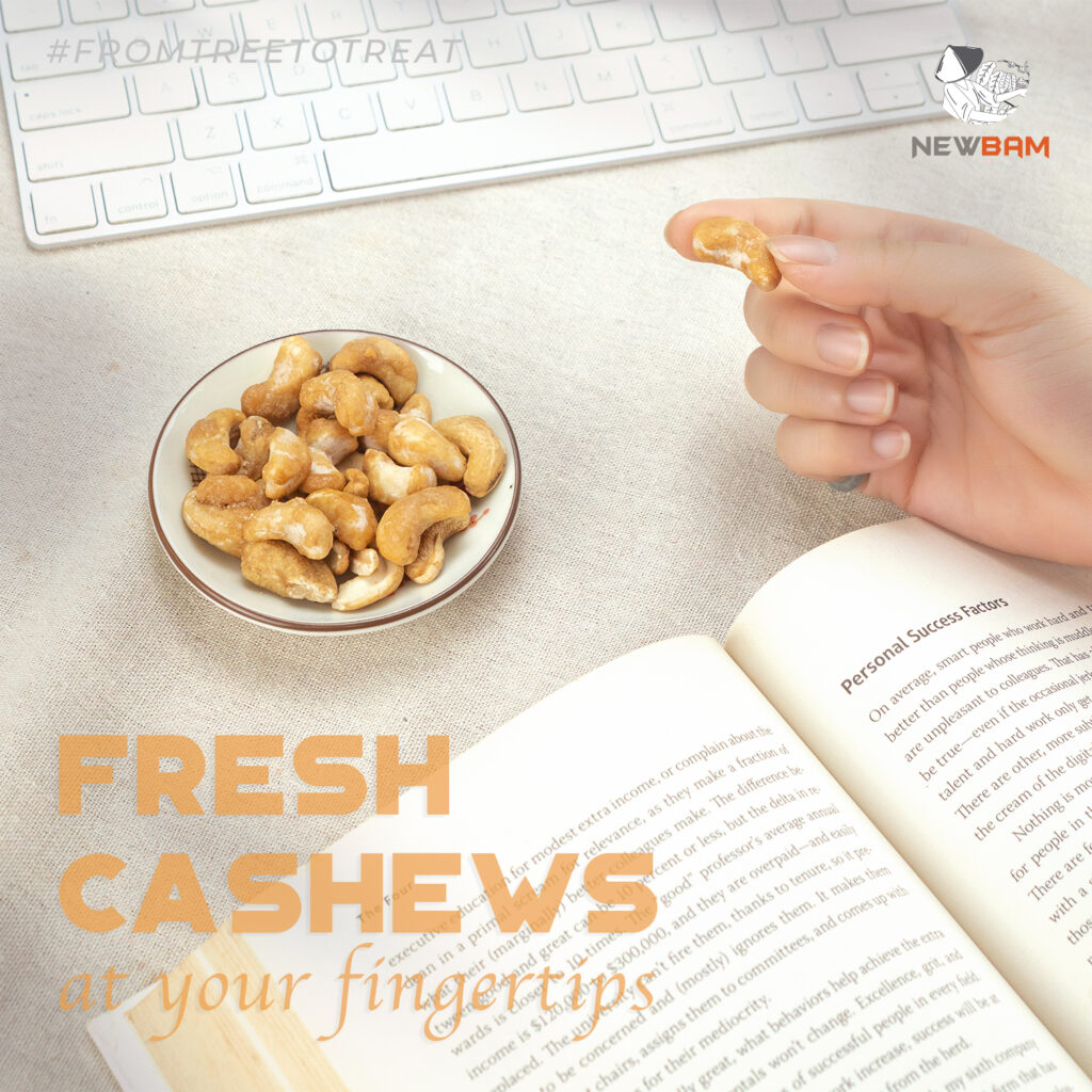 Sea Salt Caramel cashews in a bowl and a hand holding a cashew beside a keyboard and an open book; Sea Salt Caramel is one of the Party Mix flavors.